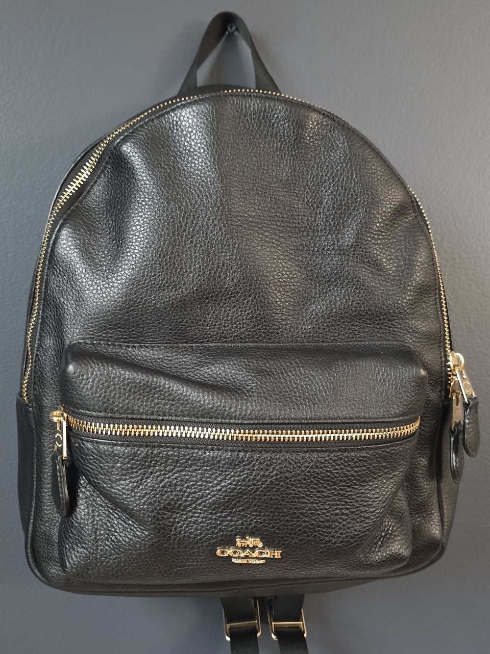 Coach Black Pebbled Leather Backpack with Gold Zippers